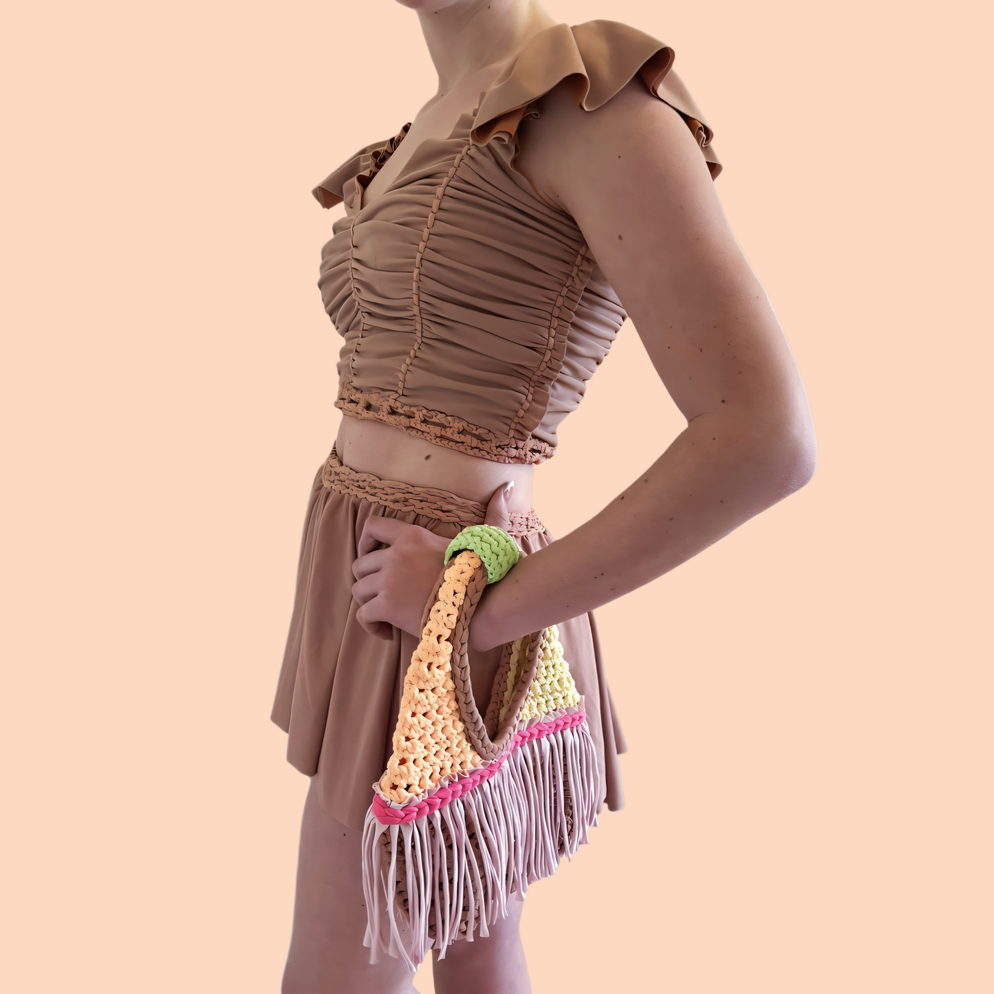 CROCHETED MINI FRINGE WRISTLET • color block