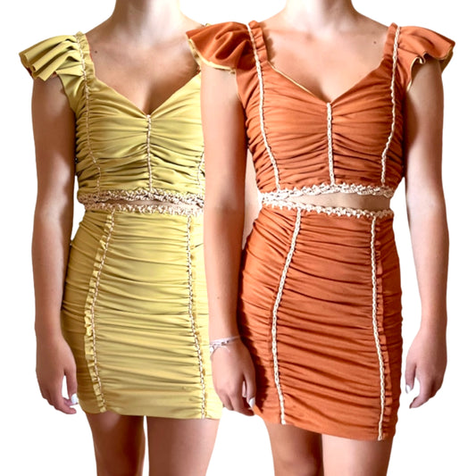TWO PIECE SET flutter sleeve top and pencil mini skirt • copper and gold