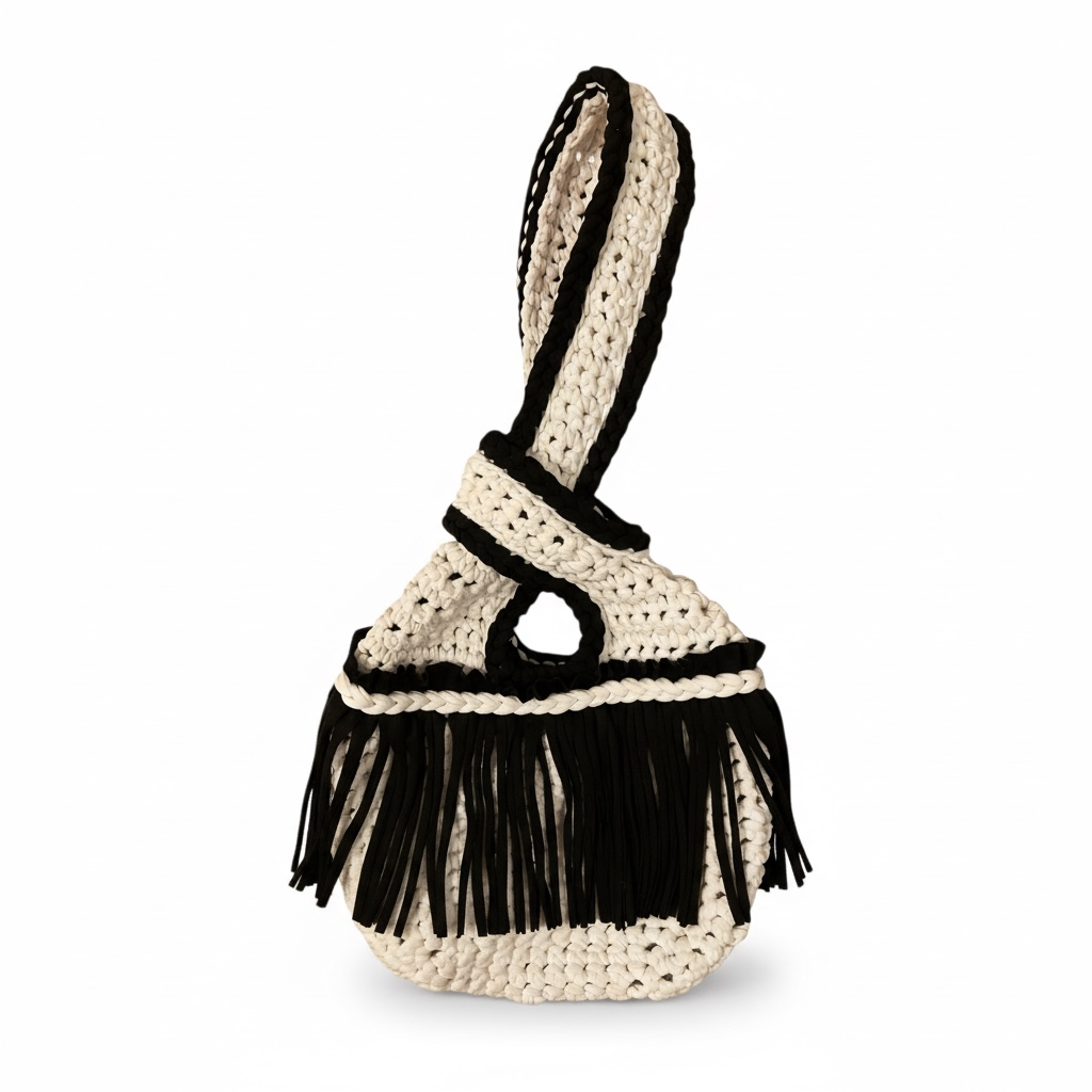 CROCHETED MINI FRINGE KNOT WRISTLET • black and white