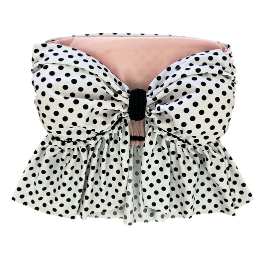 REVERSIBLE CROCHETED SPLIT RUFFLE BOW TOP • white and black polka dot