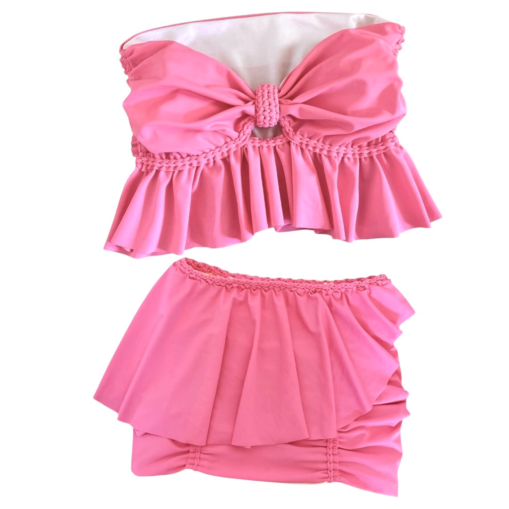 CONJUNTO DE DOS PIEZAS top con lazo y volante y minifalda peplum • coral y rosa claro