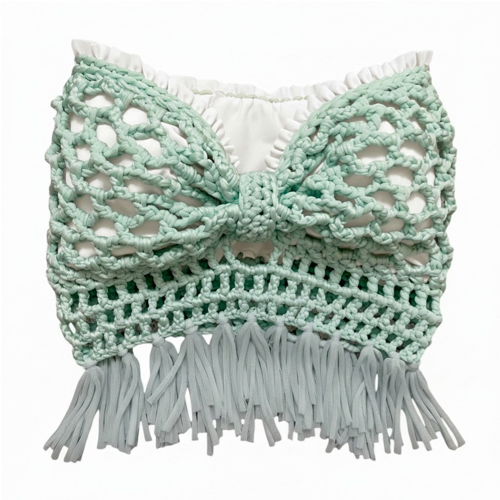 CROCHETED BANDEAU TASSEL BOW TUBE TOP • aqua