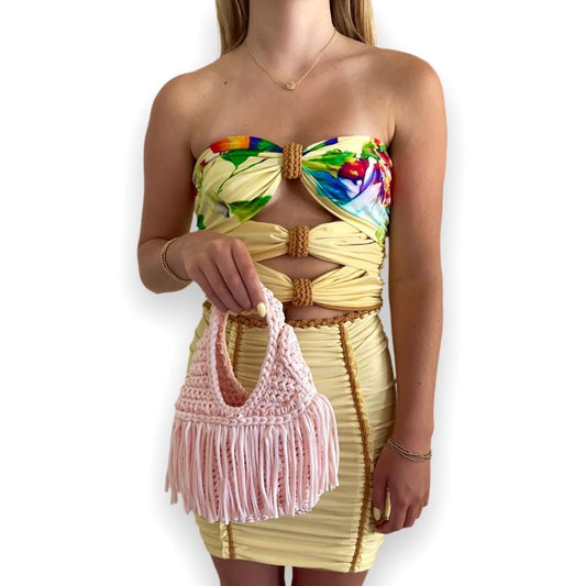 TWO PIECE SET 3 bow tube top and matching mini skirt • light yellow and leather with floral print