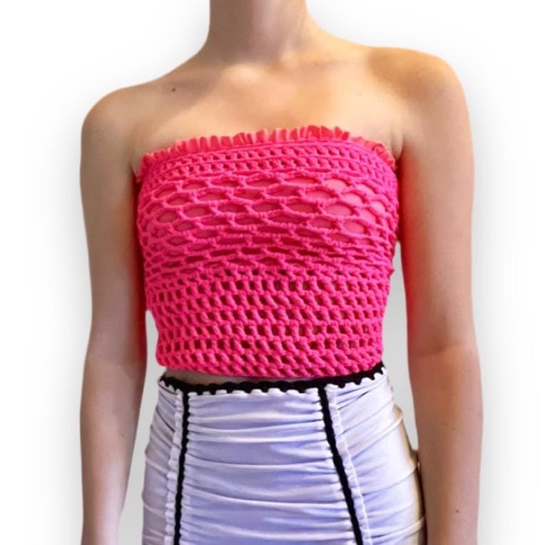 CROCHETED BANDEAU TUBE TOP with lined bra • yellow mint coral stripe