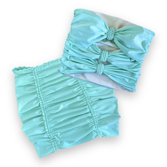 TWO PIECE SET 3 bow tube top and pencil mini skirt • aqua and cream