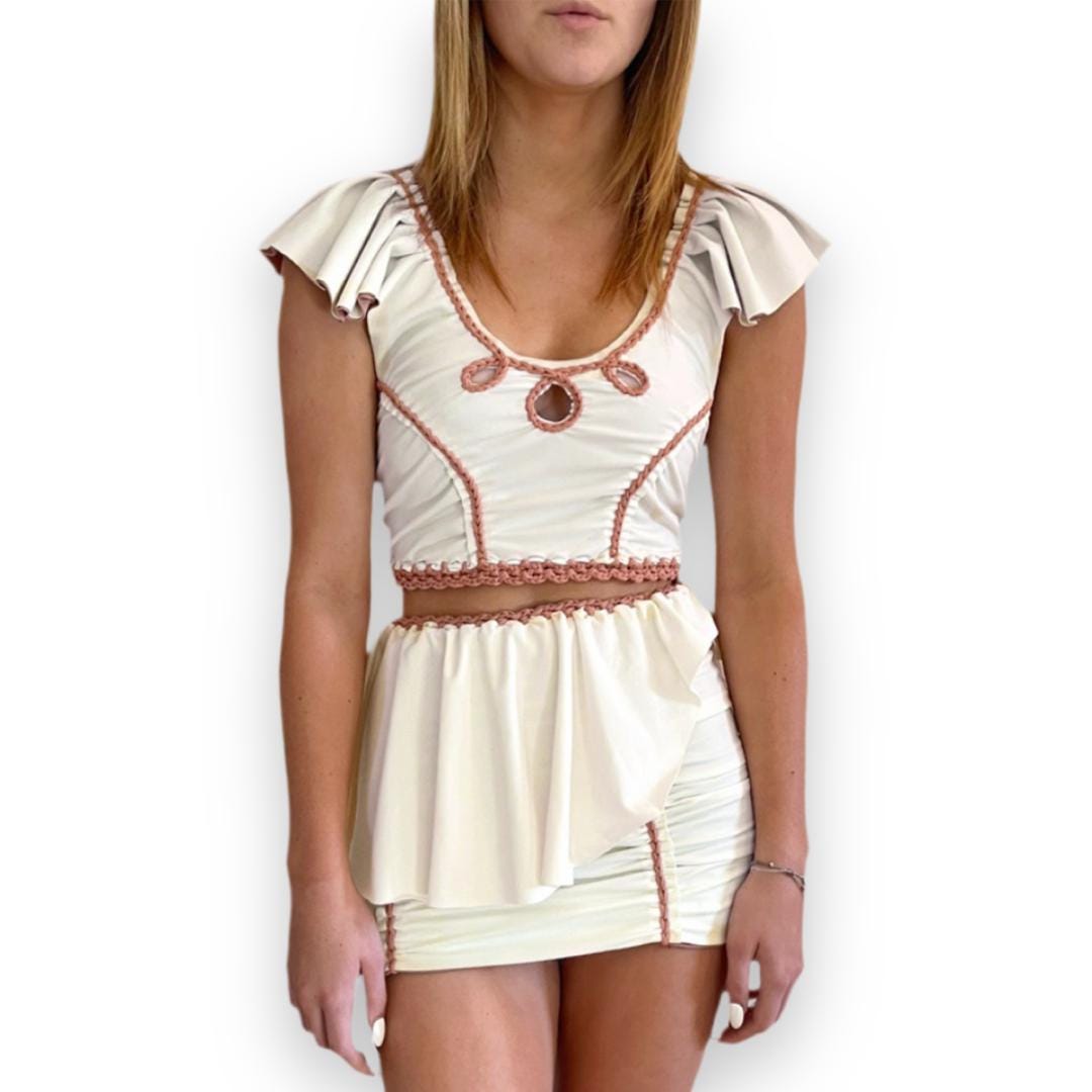TWO PIECE SET rodeo flutter sleeve top and matching mini peplum skirt • cream and rose with blush cord