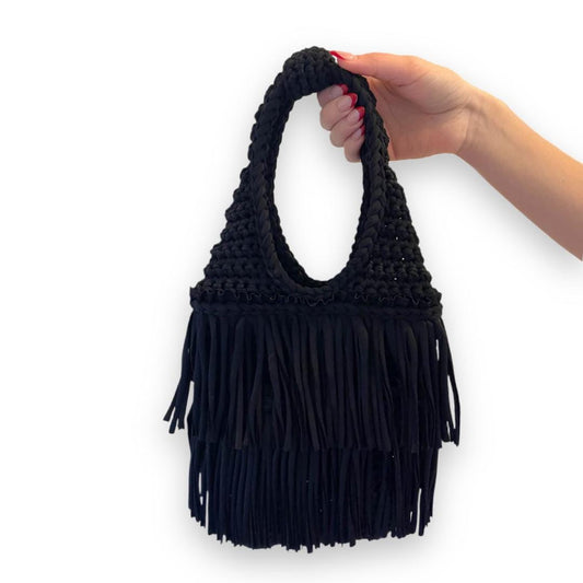CROCHETED DOUBLE FRINGE RODEO TOTE • black