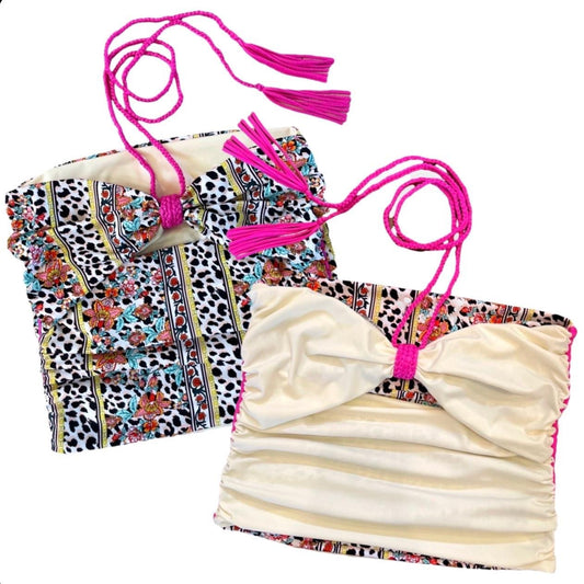 BOW TIE TUBE TOP • cream and animal print with hot pink cord
