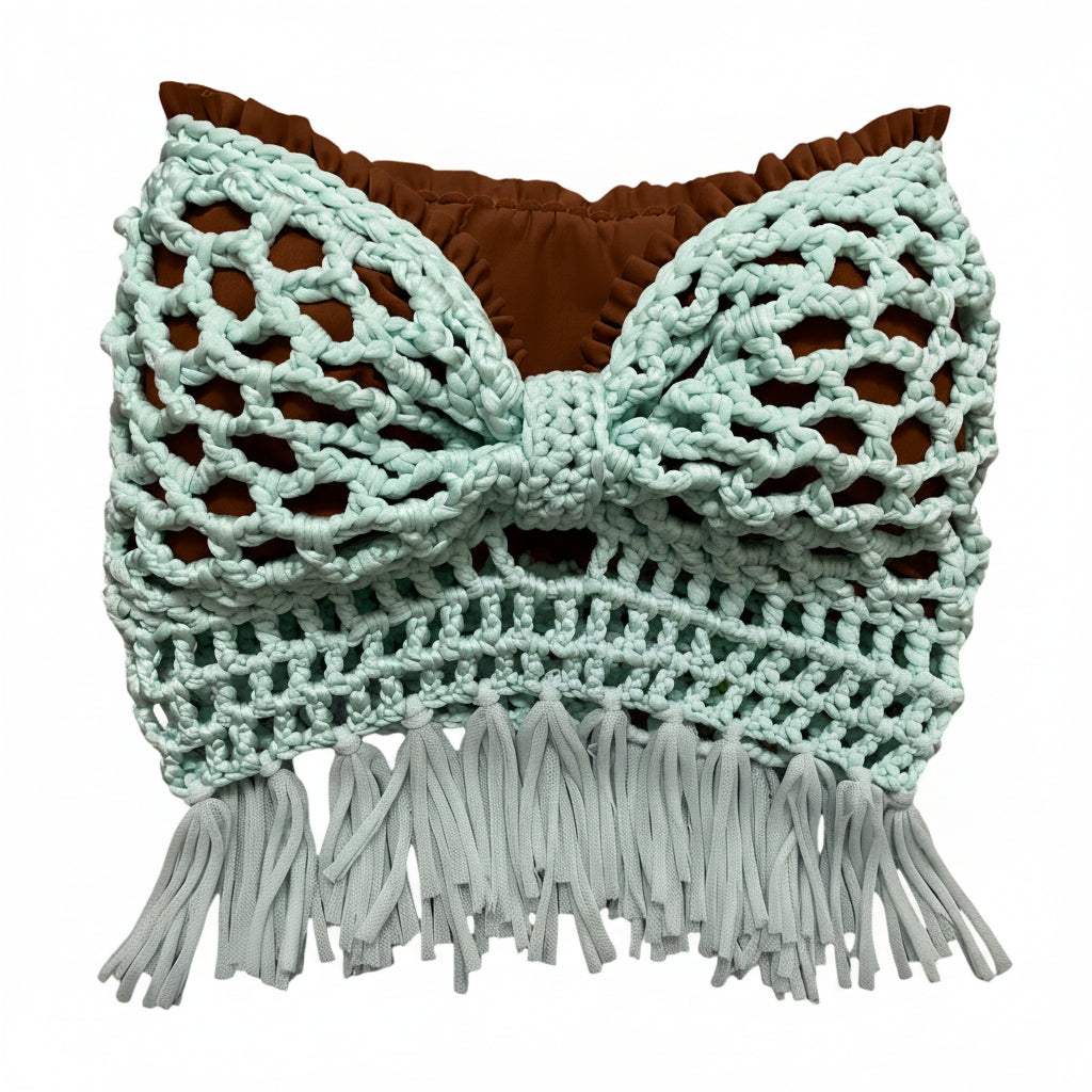 CROCHETED BANDEAU TASSEL BOW TUBE TOP • aqua