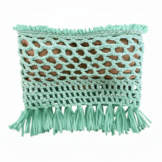 CROCHETED BANDEAU TASSEL TUBE TOP • aqua