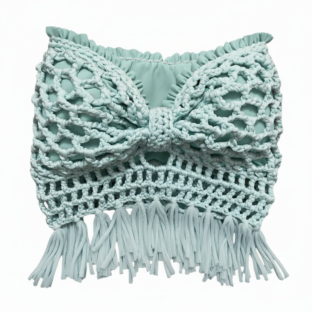CROCHETED BANDEAU TASSEL BOW TUBE TOP • aqua