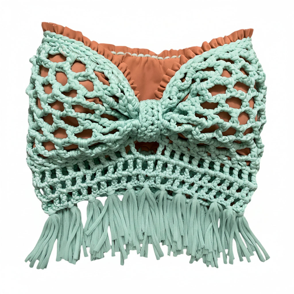 CROCHETED BANDEAU TASSEL BOW TUBE TOP • aqua